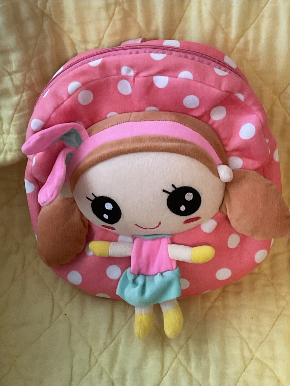 MAX-Pink Polka Dot Plush Doll Kids Backpack - Cute Doll Front 13 X11
